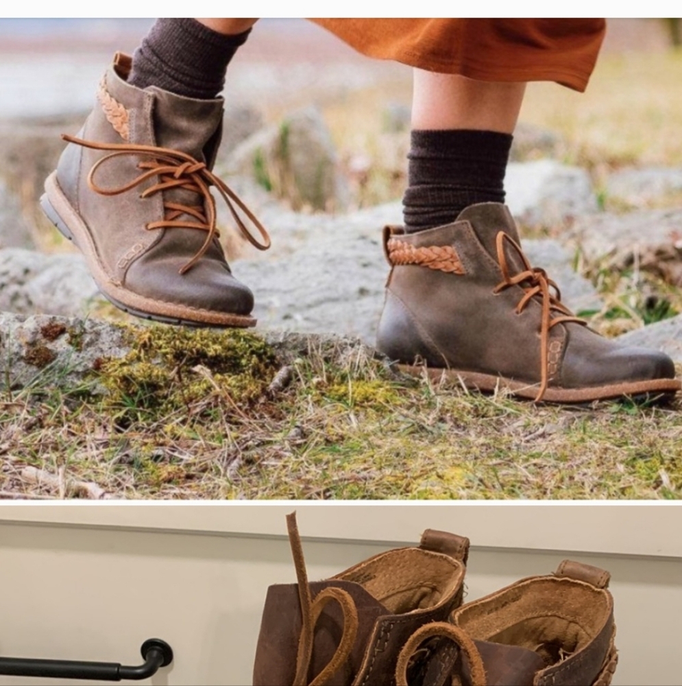 Born Temple Suede Brown Leather Braided Ankle Boots with Leather Laces